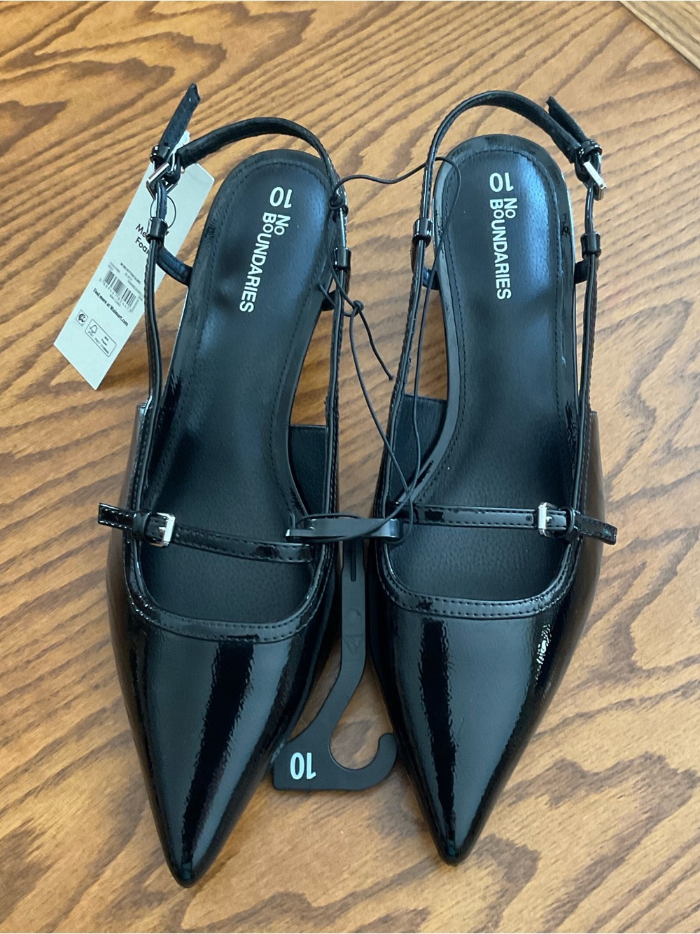 NWT No Boundaries Black Patent Slingback Pointed Mary Jane Kitten Heels, Sz 10